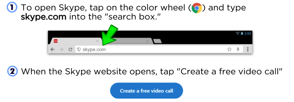 To open Skype, tap on the color wheel ( ) and type skype.com into the "search box." When the Skype website opens, tap "Create a free video call"