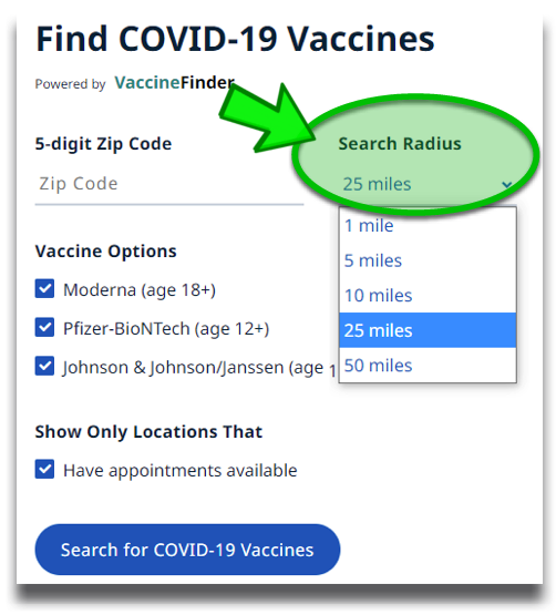 screenshot of vaccine finder form
