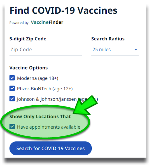 screenshot of vaccine finder form