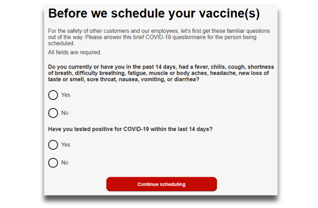 screenshot of the CVS scheduling form page 1