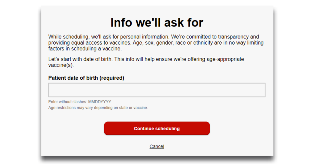 screenshot of the CVS scheduling form page 2