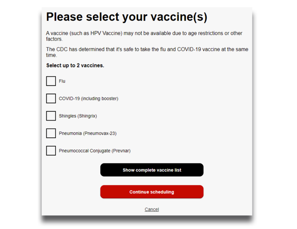 screenshot of the CVS scheduling form page 3