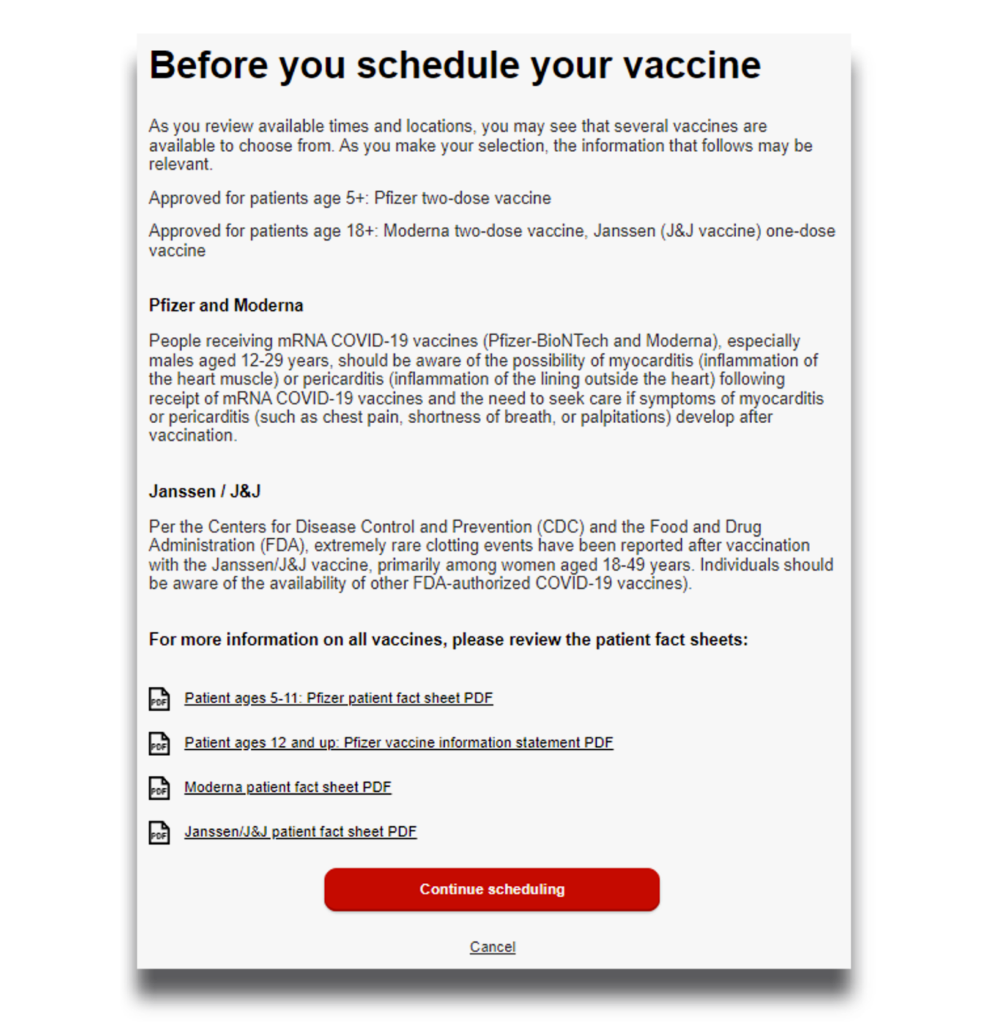 screenshot of the CVS scheduling form page 5