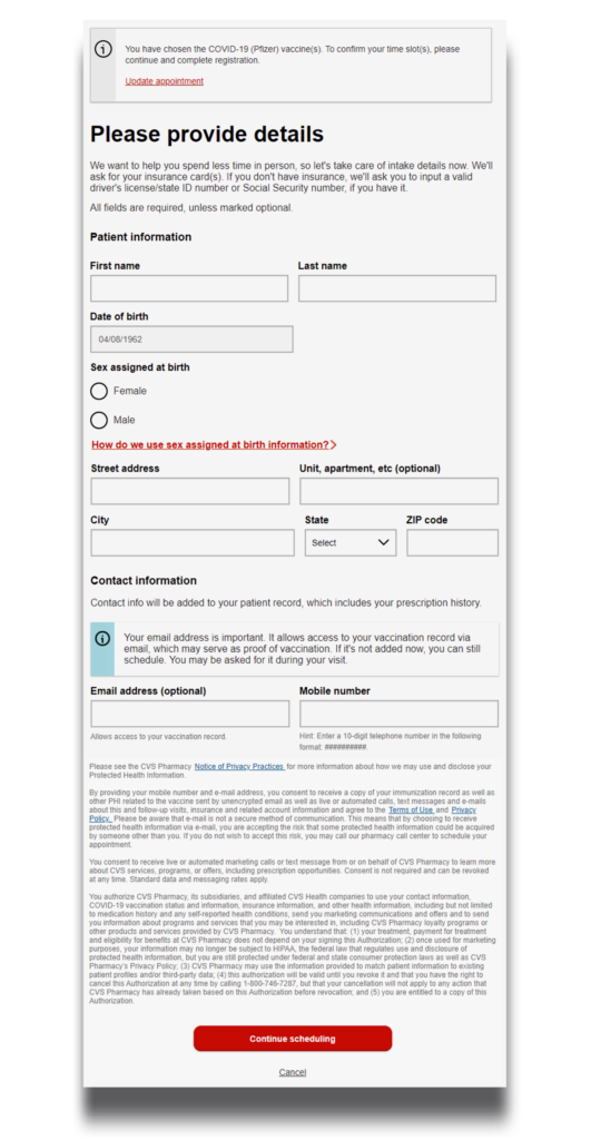 screenshot of the CVS scheduling form page 10