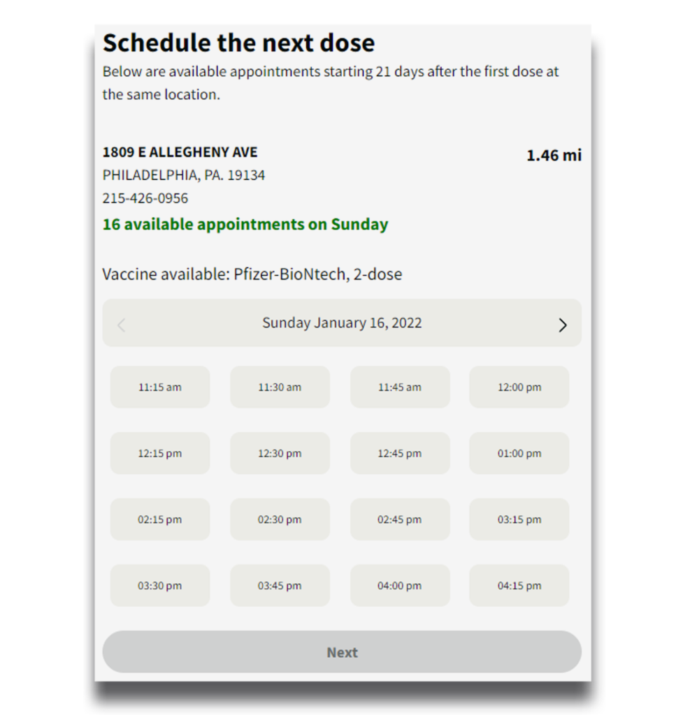 screenshot of the Walgreens scheduling form page 3