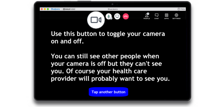 Use this button to toggle your camera on and off. You can still see other people when your camera is off but they can't see you. Of course your health care provider will probably want to see you.