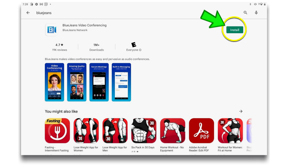 image of Google Play Store with BlueJeans Download Button Highlighted