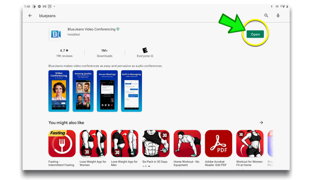 image of Google Play Store with BlueJeans Open Button Highlighted