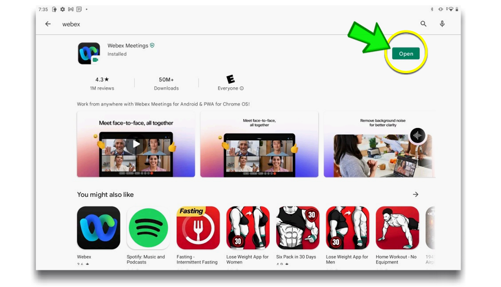 image of Google Play Store with WebEx Open Button Highlighted