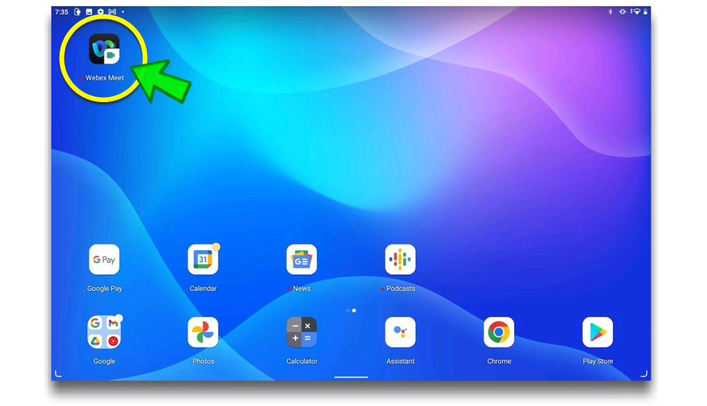 Image of Tablet Home Screen with WebEx Button Highlighted