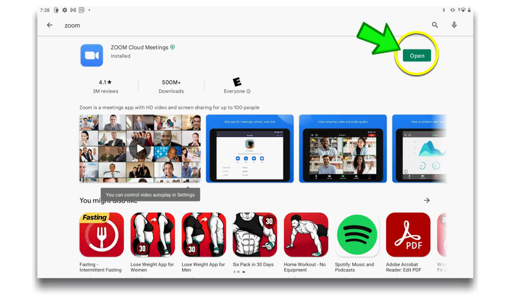 image of Google Play Store with Zoom Open Button Highlighted