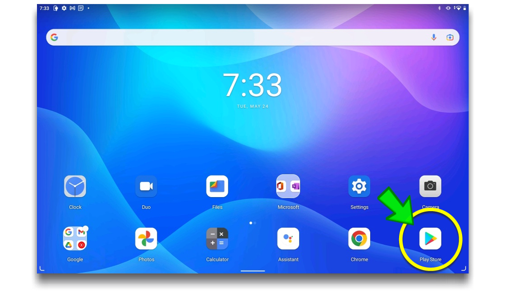 Image of Tablet Home Screen with Play Store Button Highlighted