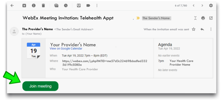 Sample WebEx telehealth appointment email image