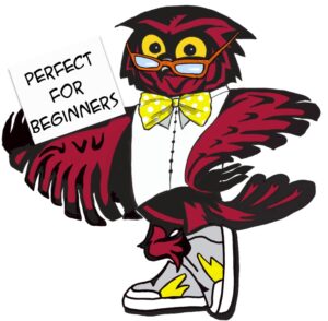 image of owl holding a "perfect for beginners" sign