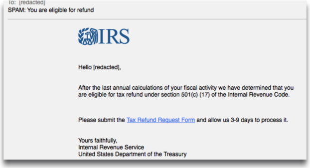 Image of phishing scam using a IRS tex refund email