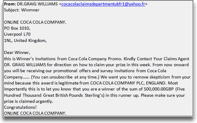 Image of phishing scam using a coca cola lottery winner announcement