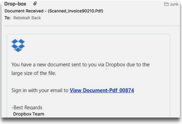 Image of phishing scam using an "dropbox" email