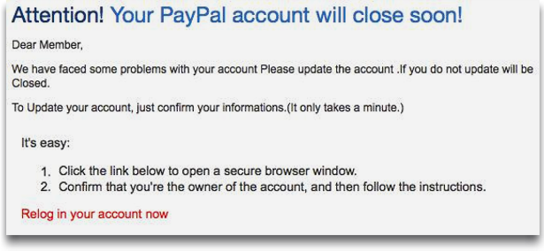 Image of phishing scam using an "paypal" email