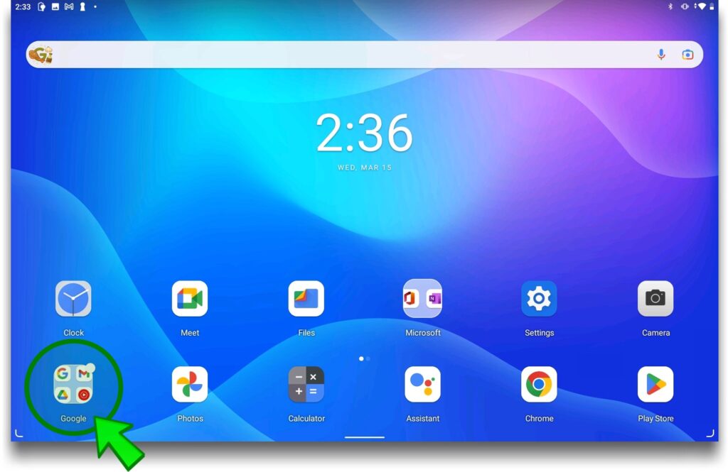Image of tablet homescreen with Google Shortcut highlighted