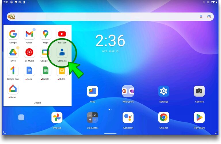 Image of tablet homescreen with Google Shortcut opened and the "Contact" shortcut highlighted