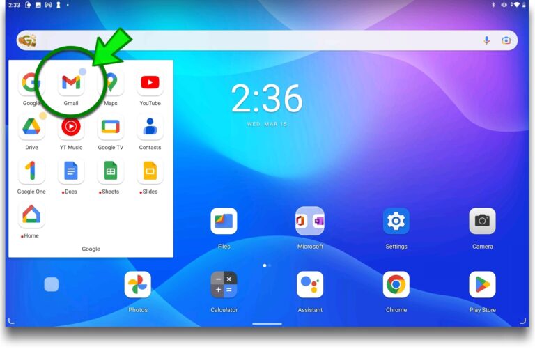 Image of tablet homescreen with Google Shortcut opened and the Google "Email" shortcut highlighted