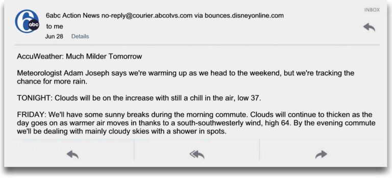 6abc Action News no-reply@courier.abcotvs.com via bounces.disneyonline.com AccuWeather: Much Milder Tomorrow Meteorologist Adam Joseph says we're warming up as we head to the weekend, but we're tracking the chance for more rain. TONIGHT: Clouds will be on the increase with still a chill in the air, low 37. FRIDAY: We'll have some sunny breaks during the morning commute. Clouds will continue to thicken as the day goes on as warmer air moves in thanks to a south-southwesterly wind, high 64. By the evening commute we'll be dealing with mainly cloudy skies with a shower in spots.